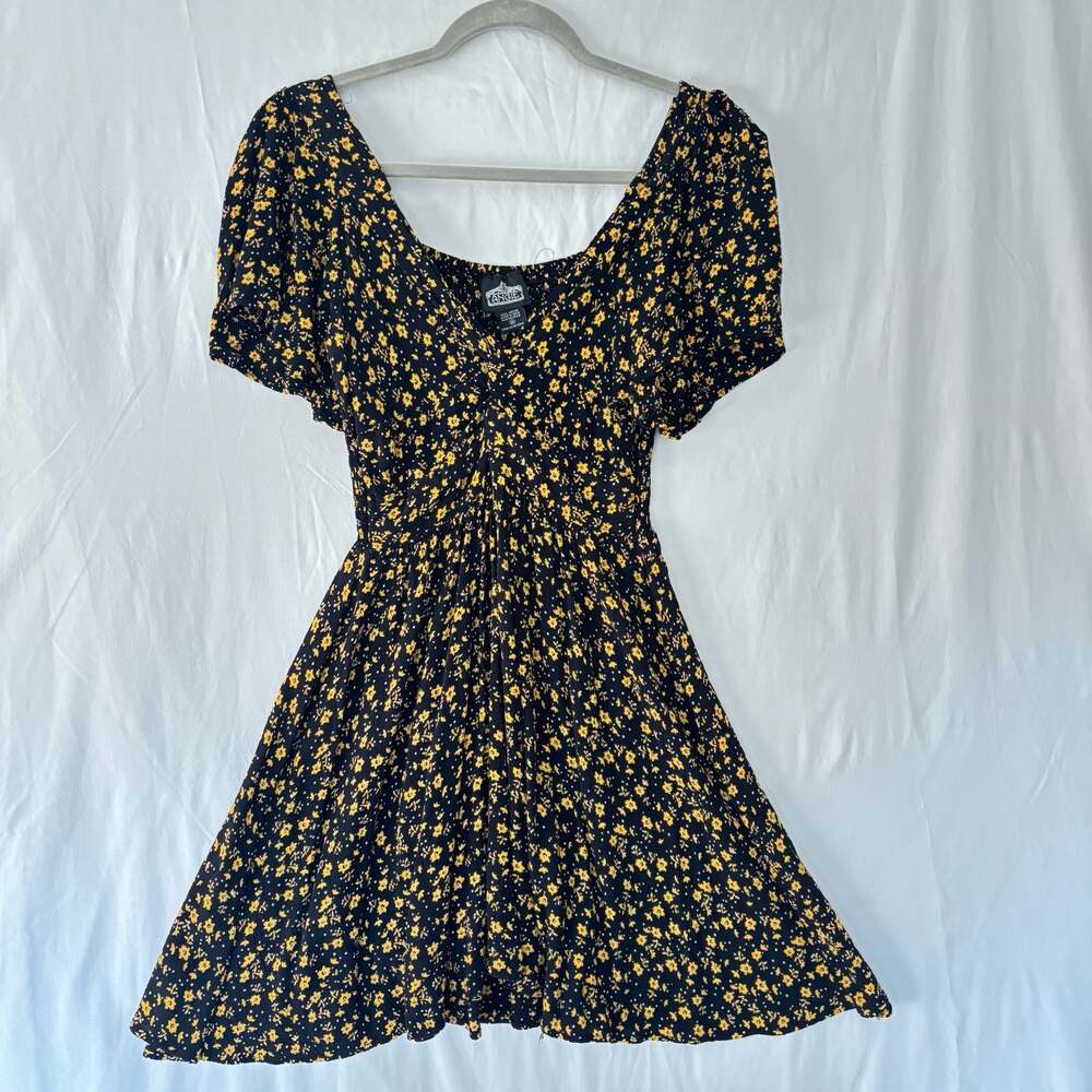 Angie Floral Print Smocked Mini Dress M Cottagecore Whimsigoth Boho Fairy Grunge